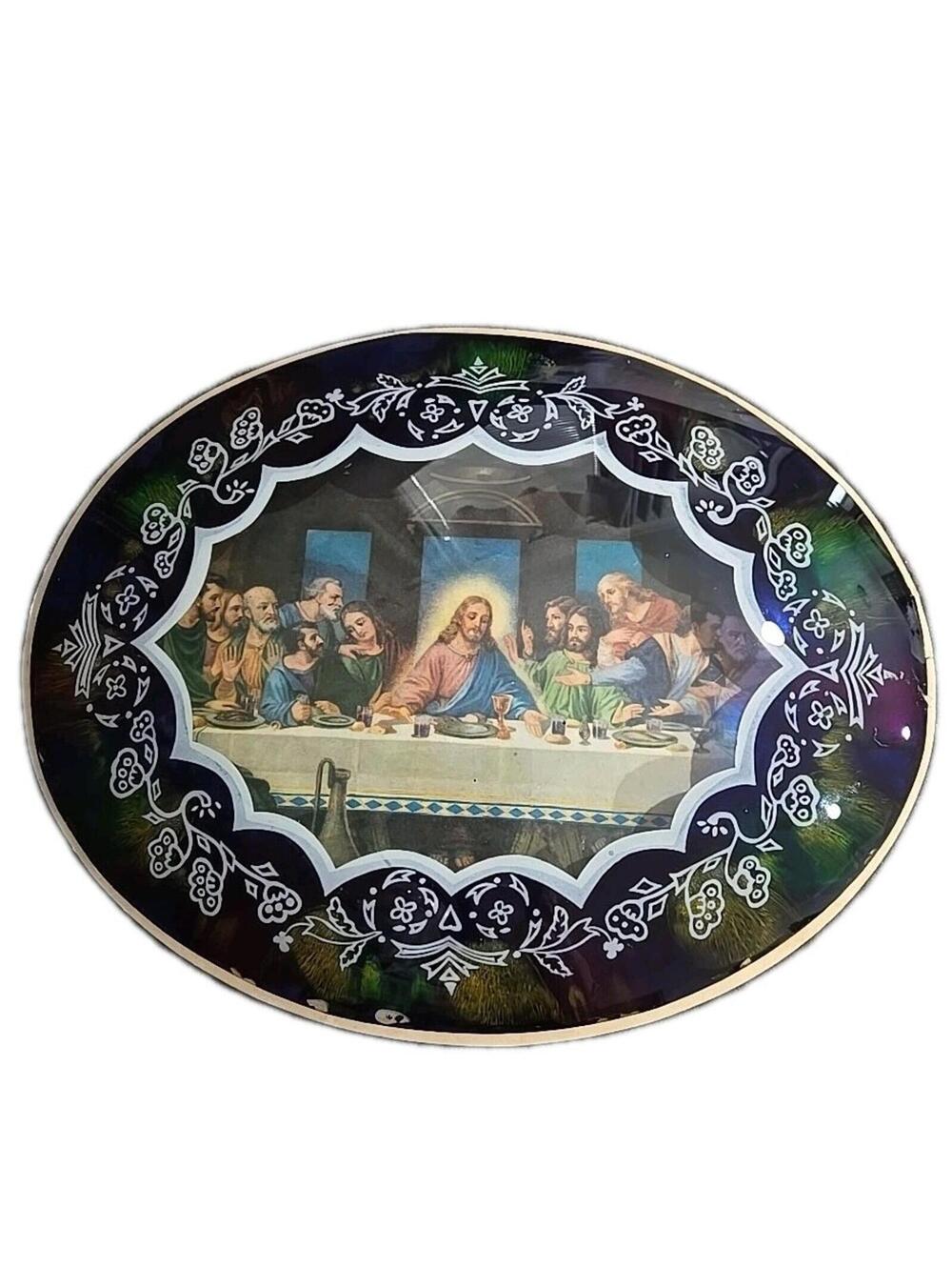 The Last Supper Picture Convex Reverse Painting on Bubble Frame Jesus 13x10.5"